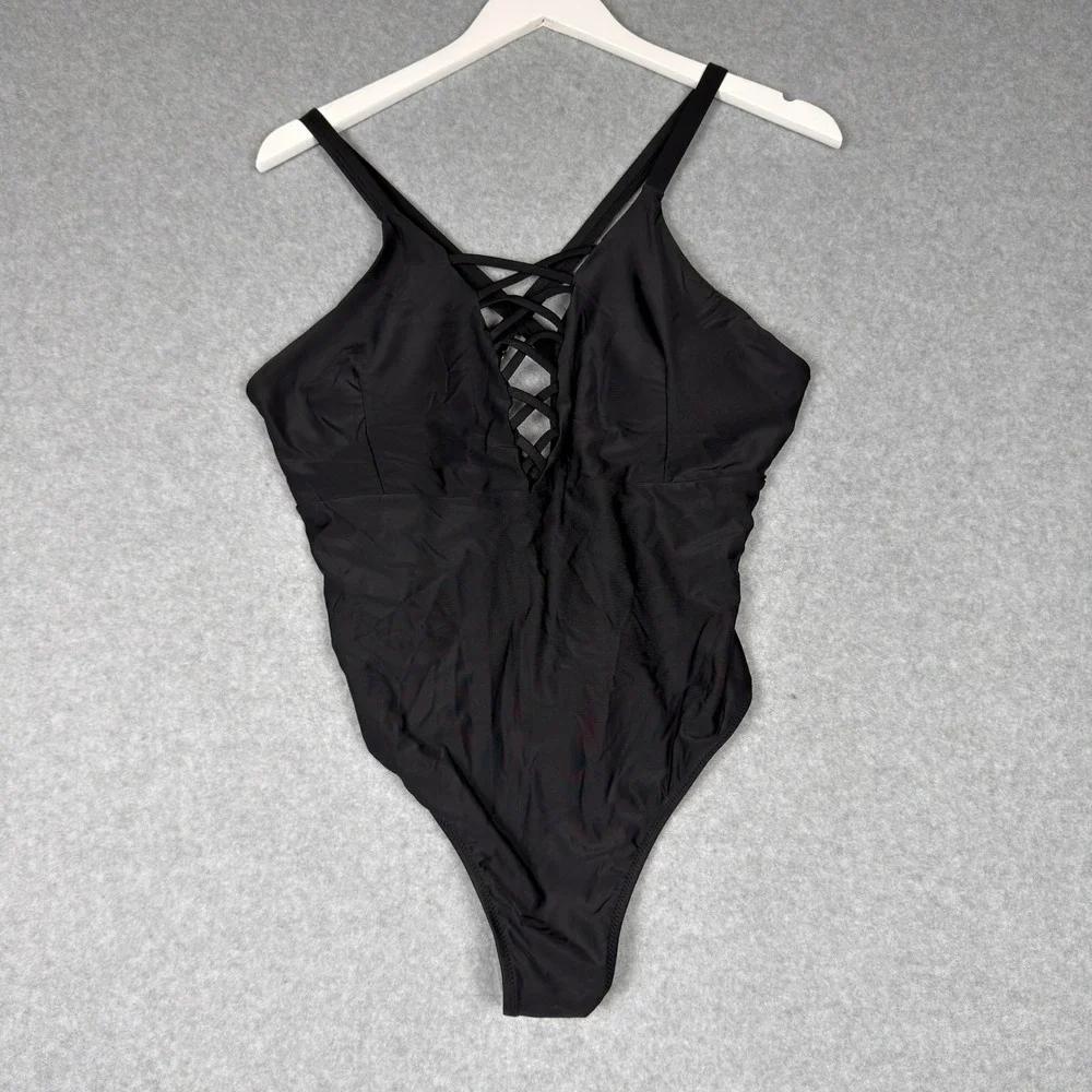NWT Ekouaer Womens One Piece Swimsuit Black Lace Up V Neck Monokini XL Beach